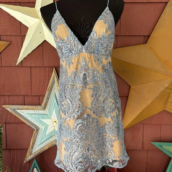 Free People | Dresses | Nwt Free People Night Shimmer Lace Mini Dress Blue  Sequin Size 2 | Poshmark